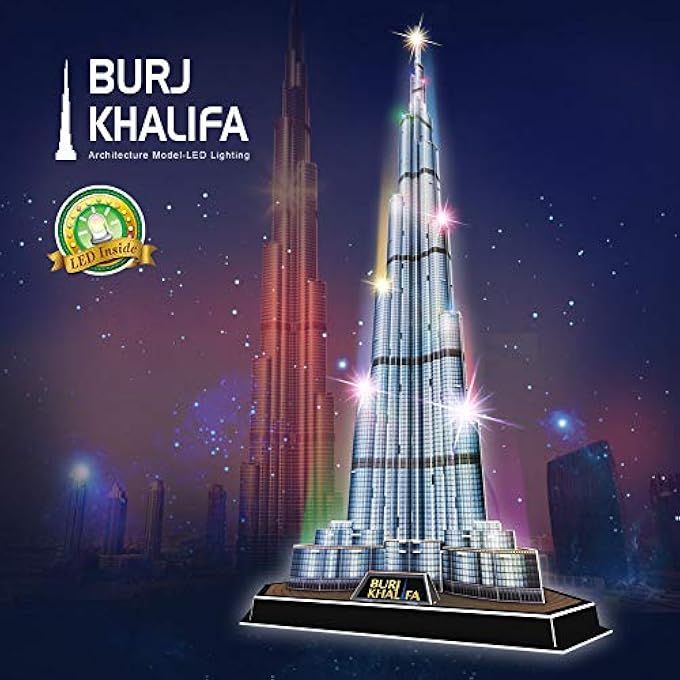 ألغاز ثلاثية الأبعاد LED برج خليفة دبي 57.5" ارتفاع نموذج معماري لمجموعات البنايات للبالغين، زينة تذكارية وهدايا عيد ميلاد للرجال والنساء، أطول برج 136 قطعة، 5523215 - Image 3
